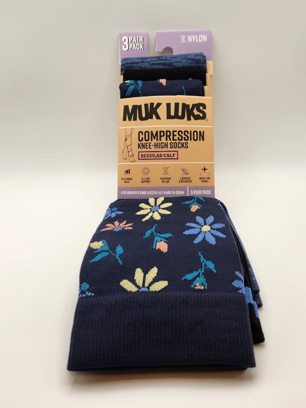 Muk Luks compression knee high socks three pair pack navy floral NIP
